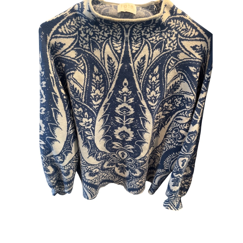Fate Blue White Paisley Damask Knit Sweater Crew Neck Raglan Large